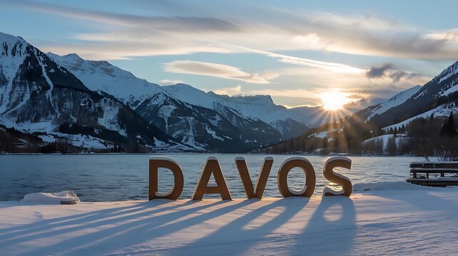 Wooden "Davos" Signage in Snowy Alpine Landscape