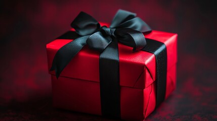 Obraz premium Dramatic Gift Box with Black Ribbon on Dark Background, Perfect for Luxury Product Presentation Generative AI