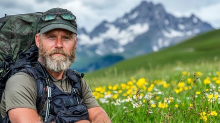 Fototapeta premium Senior Hiker in Mountain Meadow Backpack Summer Adventure