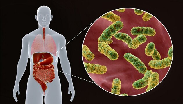 3D depiction of Vibrio cholerae bacteria in the human intestines, with textured membranes and flagella.