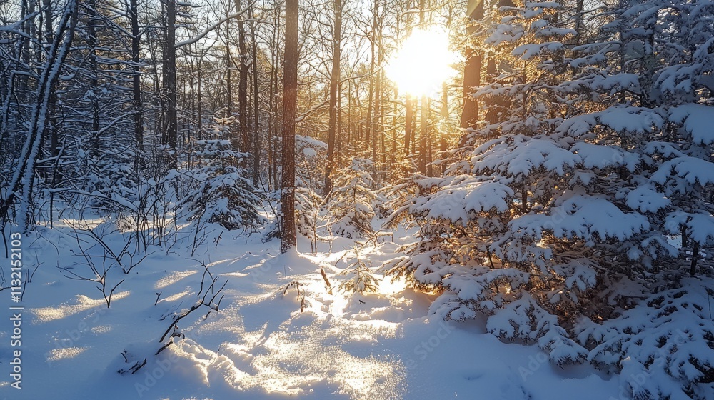 Poster sunlight filters through a tranquil forest, casting a warm glow on the fresh snow covering the groun
