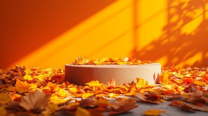 Warm Autumn Leaves on a Podium Against an Orange Background, ideal for fall or Thanksgiving themed designs Generative AI