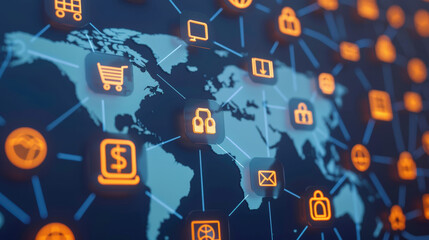Fototapeta premium Digital Connections and Security Symbols Over World Map Representing Global Networking and Data Protection Concepts