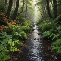 Forest floor covered in leaves and ferns with a small stream running through it, nature, wild