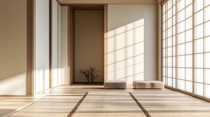 Obraz premium Tranquil Japanese Inspired Minimalist Interior with Tatami Flooring and Natural Lighting