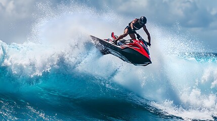 Exhilarating Jet Ski Rider Performing Spectacular Aerial Maneuver Over Crashing Ocean Waves