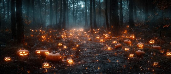 Fototapeta premium Enchanting Halloween path in a spooky forest with glowing jack-o'-lanterns.