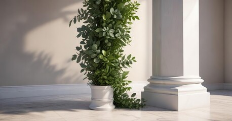 Fototapeta premium Freshly cut greenery and eucalyptus leaves placed around a pillar, candlelight, somber, peaceful