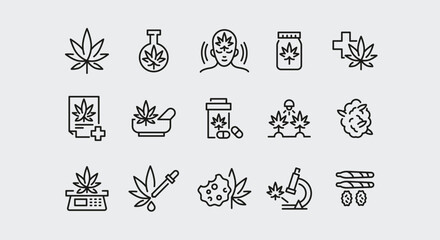 Obraz premium Cannabis icons. Set of 15 cannabis trendy minimal icons. Example: Leaf, Pills, Flask, Bud, Dispensary icon. Design signs for web page, mobile app, packaging design. Vector illustration.