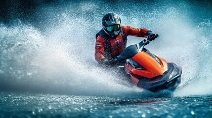 Thrilling Jet Ski Rider Speeding Through Splashing Water on Outdoor Adventure