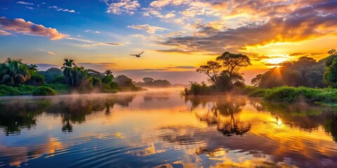 Obraz premium Pantanal Sunrise: Cuiaba River, Mato Grosso, Brazil - Breathtaking Dawn Landscape Photography