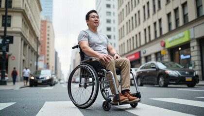 Man in wheelchair navigating urban street with busy traffic in the background during the day
