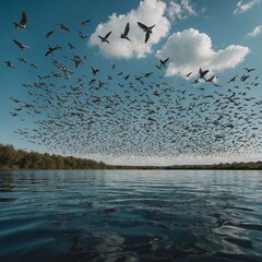 A surreal world where fish swim in the sky like birds.