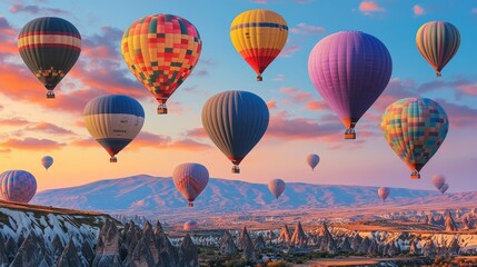 Fototapeta premium Many colorful hot air balloons flight above mountains - panorama of Cappadocia at sunrise Wide landscape of Goreme valley in Cappadocia - billboard background for your travel concept in Turkey