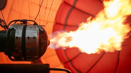 Obraz premium Hot air balloon or aerostat bright burning fire flame from gas burner equipment close up from inside