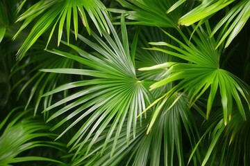 Obraz premium Lush green palm leaves creating a tropical ambiance.