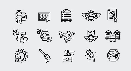 Fototapeta premium Bee icons. Set of 15 bee trendy minimal icons. Example: Honeycomb, Beehive, Pollen, Beekeeper, Honey Jar icons. Design signs for web page, mobile app, packaging design. Vector illustration