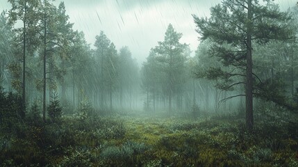 Obraz premium A foggy pine forest in the rain, with water droplets clinging to every branch and a deep silence filling the damp, green landscape