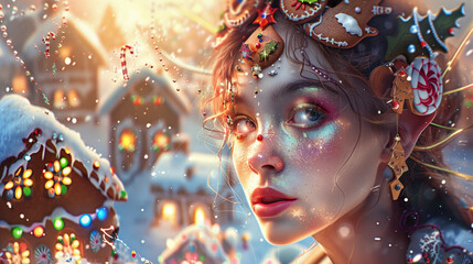 A beautiful Christmas fairy lady with intricate makeup effects and luminous skin in a festive hyper-realistic environment.