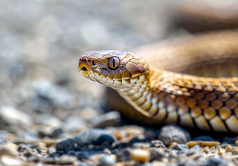 Obraz premium Close-Up of Eastern Brown Snake Slithering on Gravel with Tongue Extended
