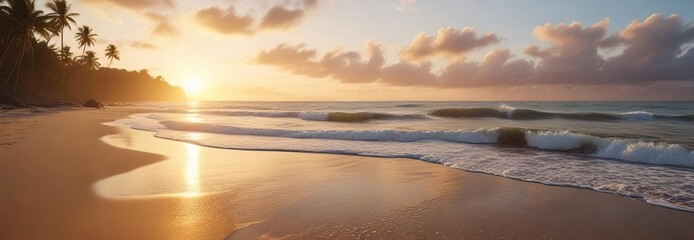 Obraz premium Golden hour light on the beach with waves gently lapping against the shore at Pampatar Beach, waves, blue