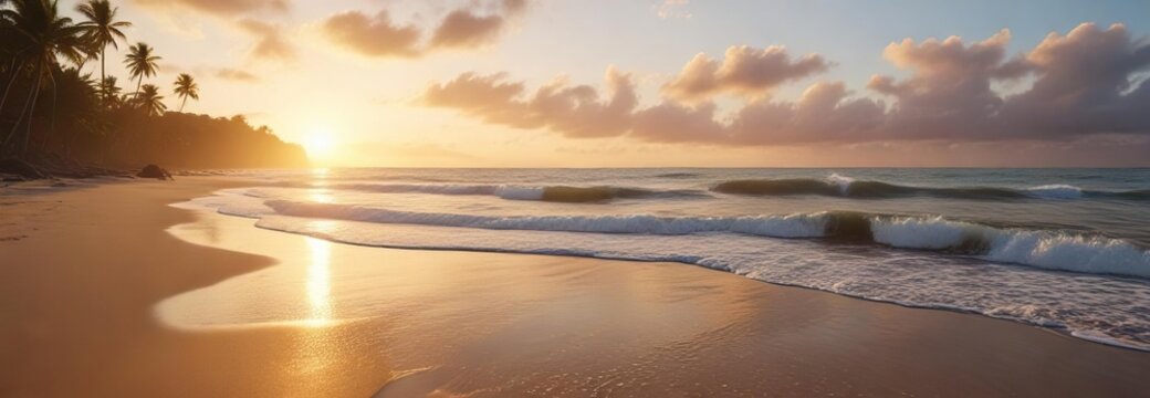 Golden hour light on the beach with waves gently lapping against the shore at Pampatar Beach, waves, blue