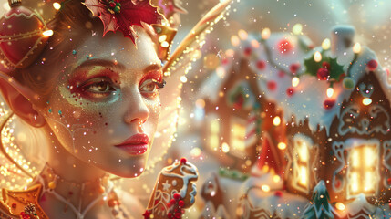 A charming Christmas fairy stands in a winter wonderland filled with intricate gingerbread houses and glowing Christmas lights.