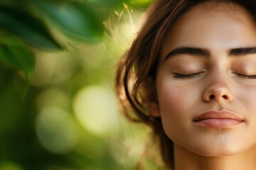 Fototapeta premium A peaceful close-up of a young woman with closed eyes surrounded by soft green leaves and sunlight, evoking calmness and a connection with nature