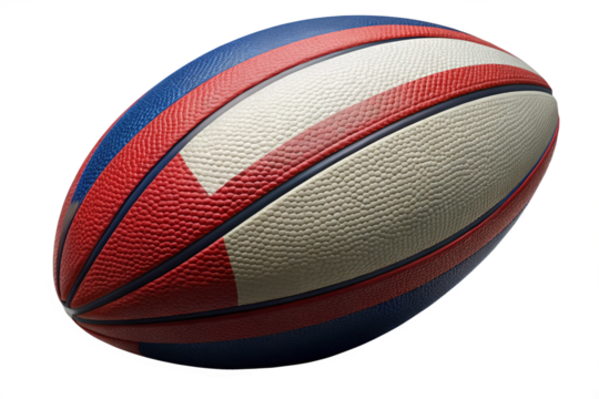Rugby ball, red, blue, white stripes, sport, oval, game, equipment, leather, athletic - Powered by Adobe