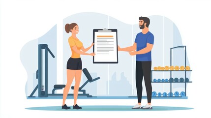 Fitness training, woman and man with handshake, clipboard or contract for gym membership. People, instructor or workout with gesture, agreement or customer with documents, exercise or healthy
