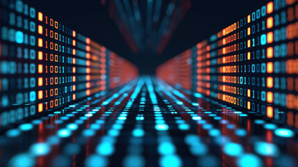 Obraz premium Futuristic Data Stream with Blue and Orange Binary Code in a Digital Environment