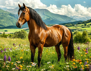 Horses stand on a green meadow. Beautiful animals against the backdrop of nature.