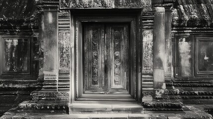 A historic temple door with aged wooden panels, adorned with intricate patterns.