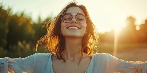 Young beautiful girl embracing self love, wearing casual clothes and glasses, radiating happiness and confidence. This joyful moment highlights the essence of self care and self love.