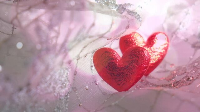 Wedding dress, luxury fabric, textile, lace. Two Red hearts. Love, wedding, Birthday, Mothers Day , romance, Anniversary