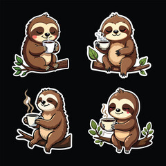 Cute sloth illustrations enjoying coffee on branches. Perfect for a cozy vibe, nature themes, and animal lovers. Great for stickers, greeting cards, and merchandise © Mahfuz