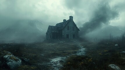 Naklejka premium Eerie Stone House in Misty Mountains: A Dark Landscape