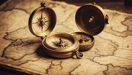 Old Compass on Vintage Map