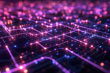 Obraz premium neon grids and circuits resembling futuristic technology, with glowing lines and nodes that suggest connectivity and innovationn.