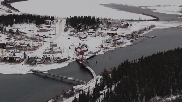 Aerial View Of The Yukon Route Rail Bridge Over The Strait Between Bennett Lake And Nares Lake In Carcross, Yukon Canada.