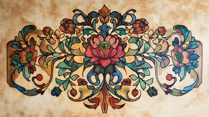 A crest or coat of arms filigree scroll heraldic or heraldry border band floral pattern design. Like that from a medieval baroque royal crest, in a woodcut etching style