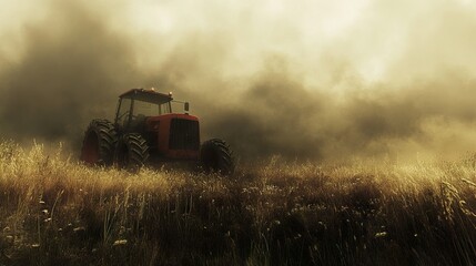 Fototapeta premium Tractor in a Misty Field: A Serene Countryside Landscape