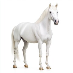 Obraz premium Majestic White Horse Standing Proudly Against a White Background, Showcasing Graceful Form and Shiny Coat, Perfect for Equestrian Themes and Animal Sports