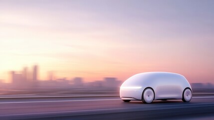 Fototapeta premium Futuristic Self Driving Car on Highway at Sunset Cityscape Background