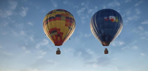 Fototapeta premium Hot air balloon suspended in mid-air against a clear blue sky with a bright sun shining down, aerial view, cheerful, hot air balloon