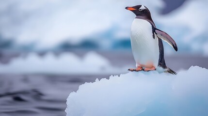 Fototapeta premium Penguin Standing on Icy Shore with Snowy Landscape and Ocean Waves