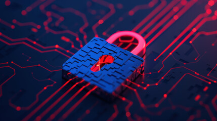 Digital Lock Symbolizing Cybersecurity with Circuit Board Background in Red and Black Colors
