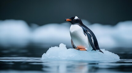 Obraz premium Lone Penguin Resting on Icy Floe in Tranquil Arctic Waters