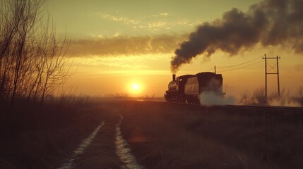 Fototapeta premium A Steam Locomotive Traveling Through a Rural Landscape at Sunset