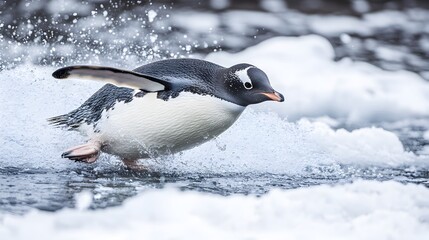 Fototapeta premium Penguin Swimming Through Icy Winter Waters with Snowy Surroundings
